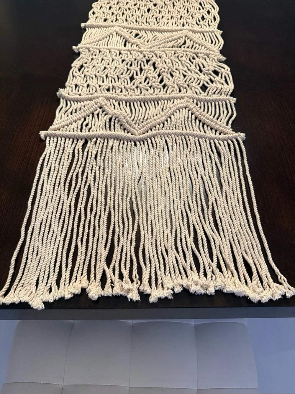 Handwoven Macramé Table Runner Boho Fringe Cotton Linen Natural Cream Rope Spain